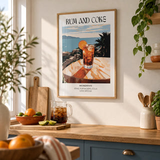 Cocktail recipe poster, framed on the wall of a modern kitchen with a warm white wall and an oak worktop