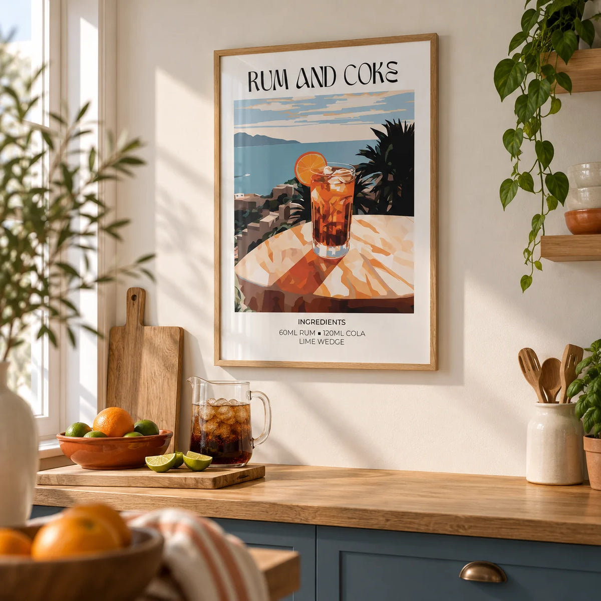 Cocktail recipe poster, framed on the wall of a modern kitchen with a warm white wall and an oak worktop