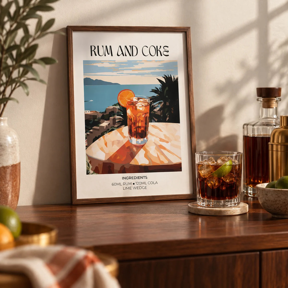 Cocktail recipe poster, a small A4 framed print leaning on a walnut bar shelf in a living room