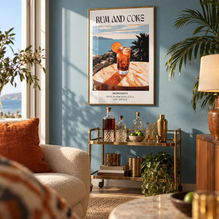 Cocktail recipe poster, framed on the wall of a stylish living room with a sea blue wall