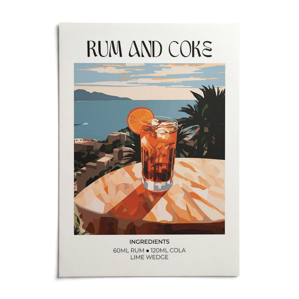 Cocktail recipe poster, shown as an unframed paper print on a plain white background
