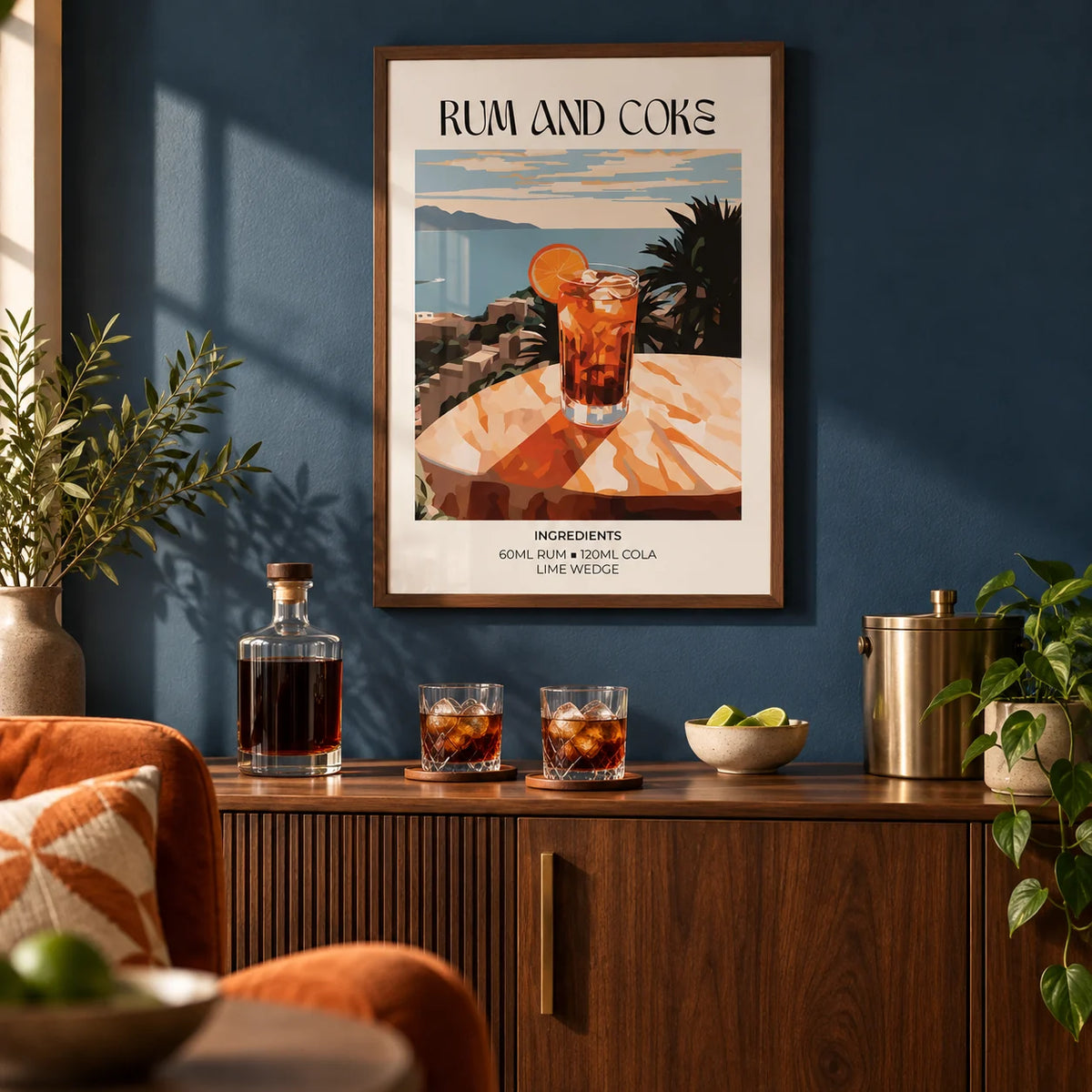 Cocktail recipe poster, framed on the wall of a warm home bar corner in a living room with a deep blue painted wall