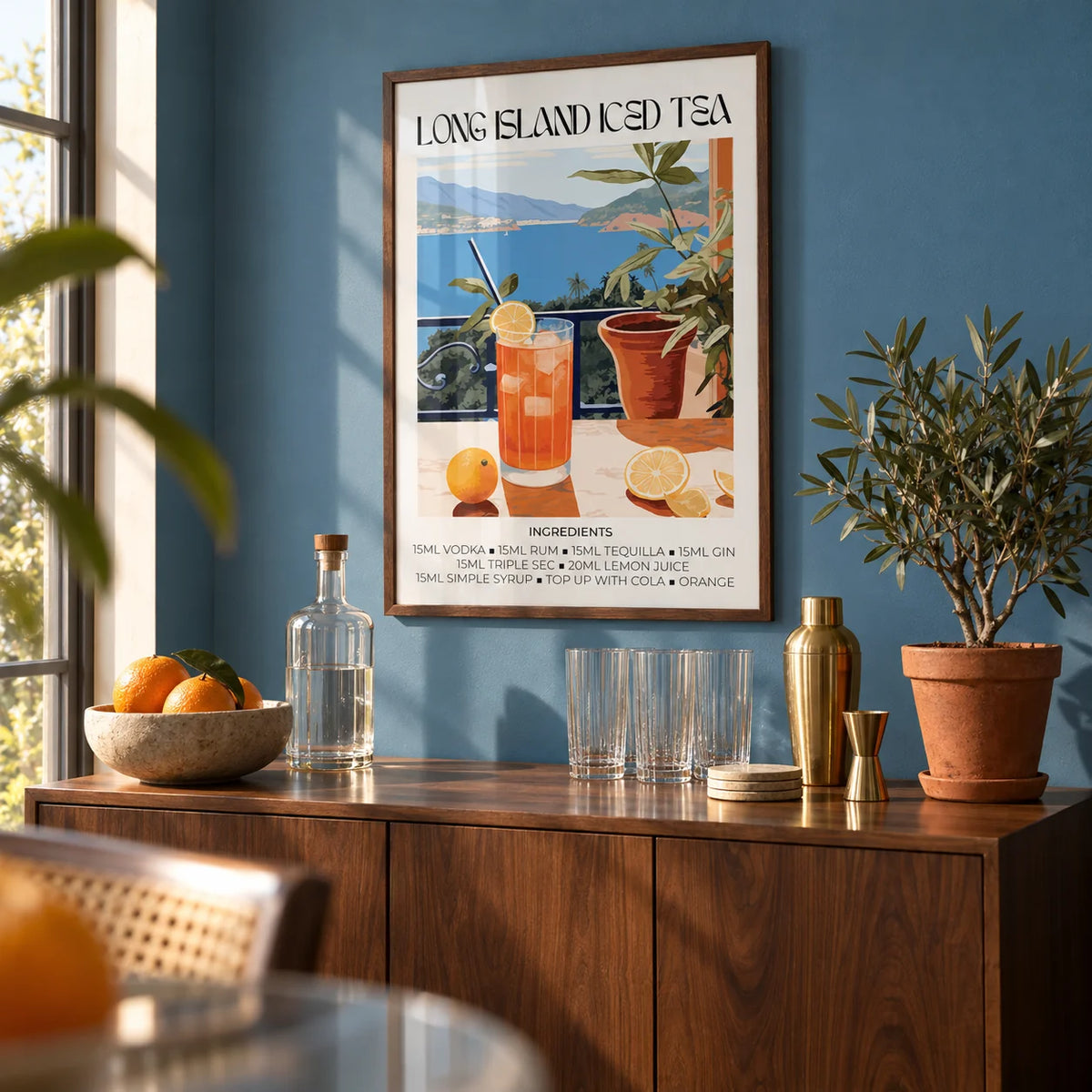 Cocktail Wall Art, framed on the wall of a home bar corner with a sea blue painted wall in a living room
