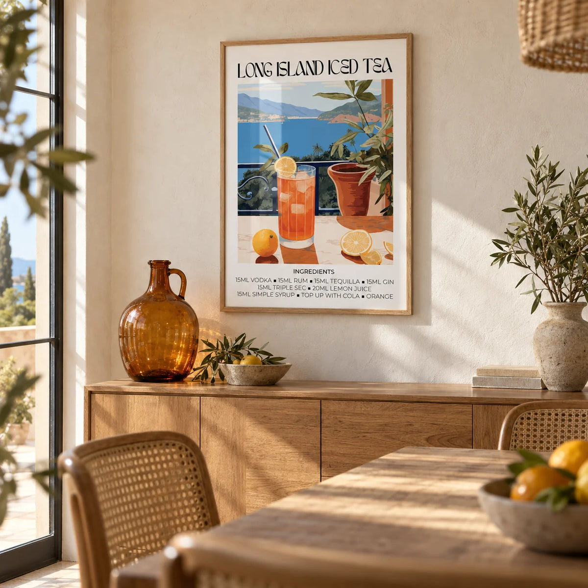 Cocktail Wall Art, framed on the wall of a Mediterranean dining room with a warm white limewashed wall