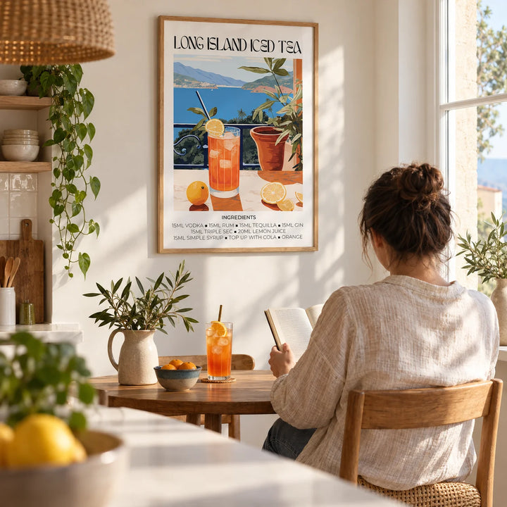 Cocktail Wall Art, framed on the wall of an open kitchen-diner with a warm white wall