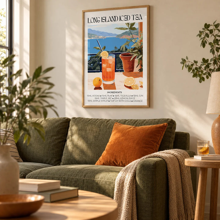 Cocktail Wall Art, framed on the wall of a warm living room with a soft beige wall