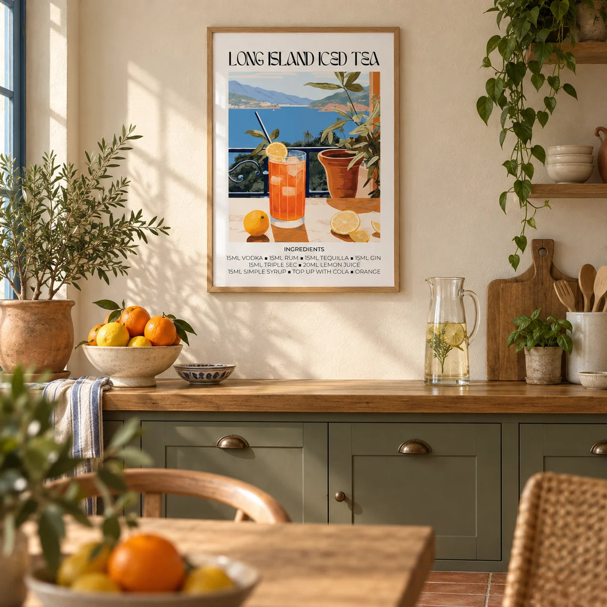 Cocktail Wall Art, framed on the wall of a warm Mediterranean kitchen with a cream plaster wall and a plain terracotta floor