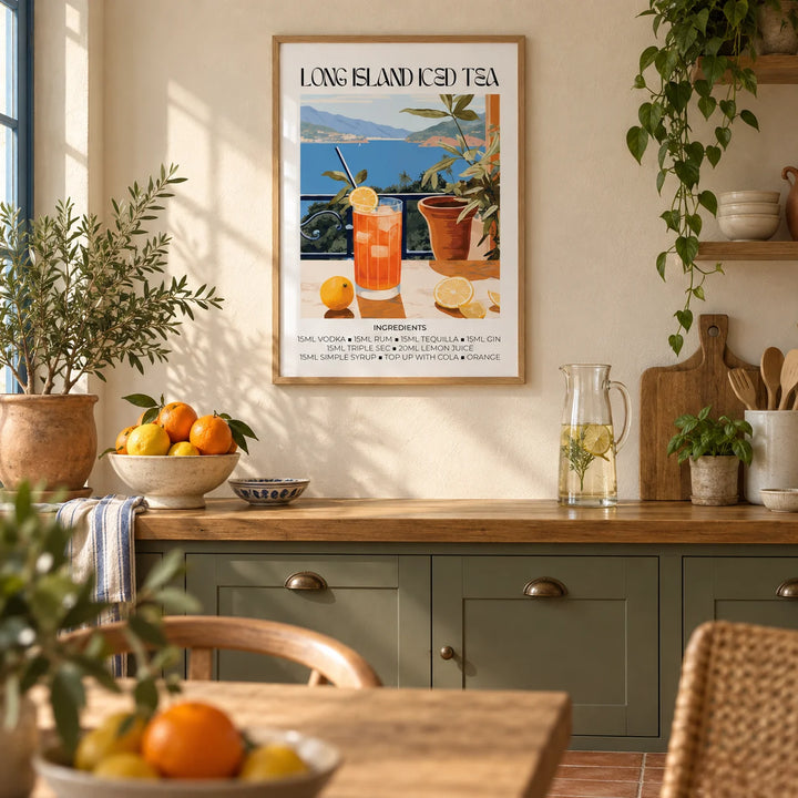 Cocktail Wall Art, framed on the wall of a warm Mediterranean kitchen with a cream plaster wall and a plain terracotta floor