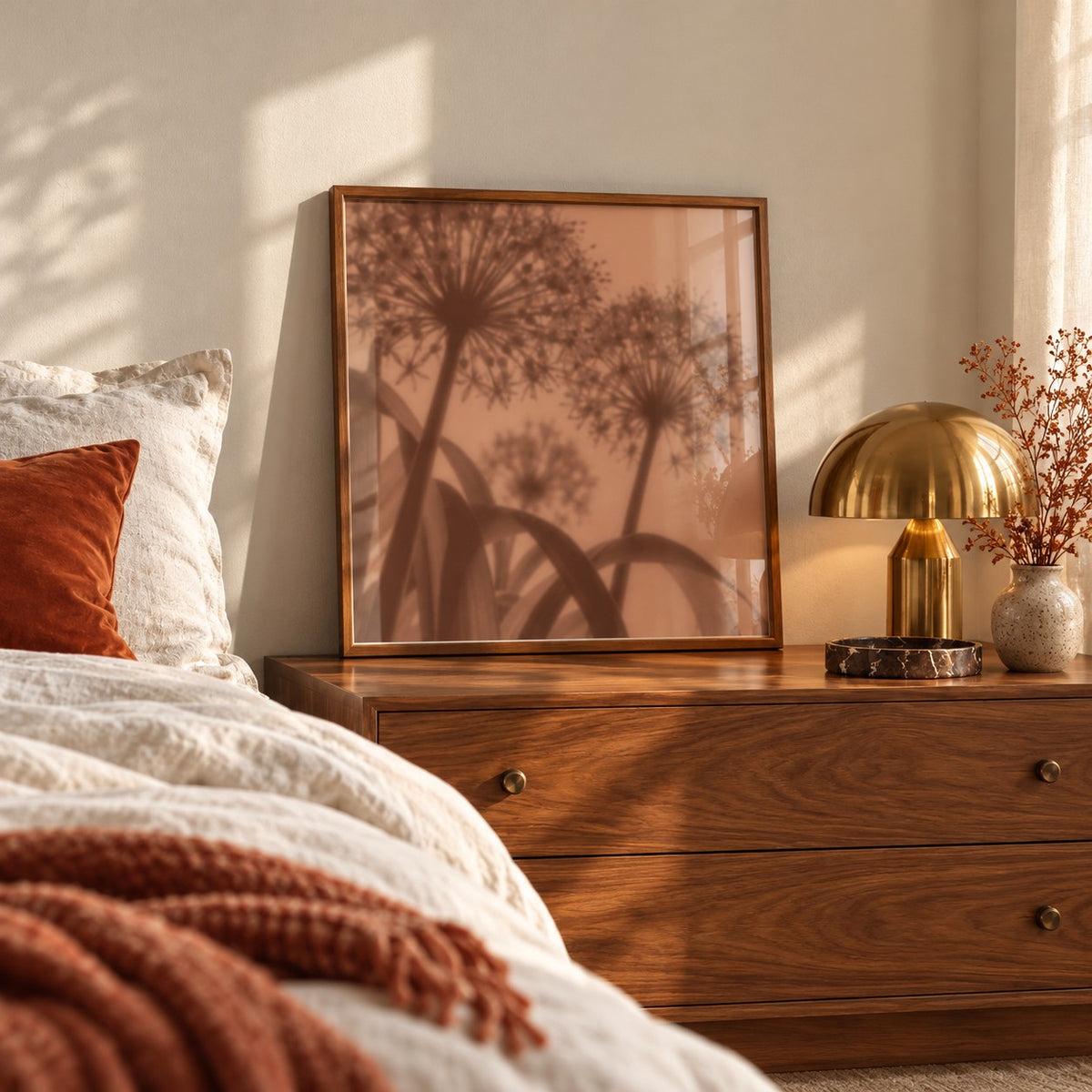 Cocoa Allium Print styled in a bedroom (frame not included)