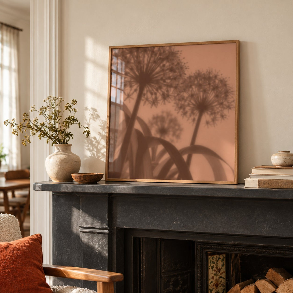 Cocoa Allium Print styled on a mantelpiece (frame not included)