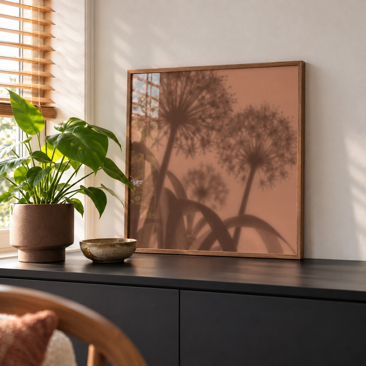 Cocoa Allium Print styled on a black sideboard (frame not included)