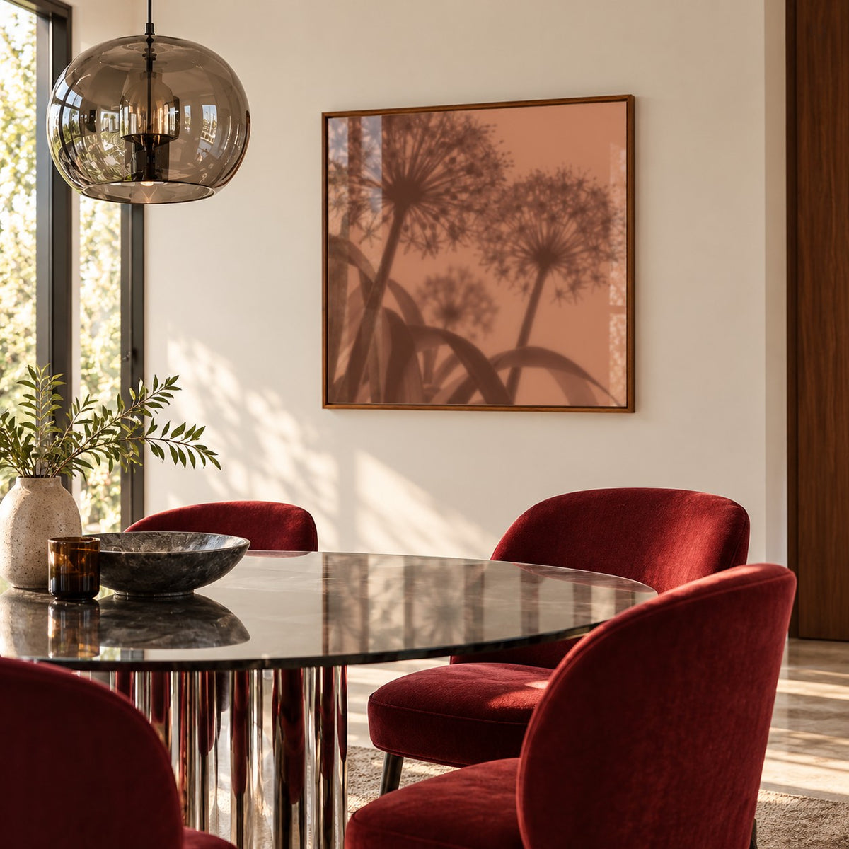 Cocoa Allium Print styled in a dining room (frame not included)