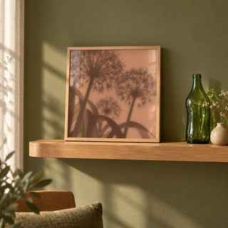 Cocoa Allium Print styled on a shelf against a green wall (frame not included)