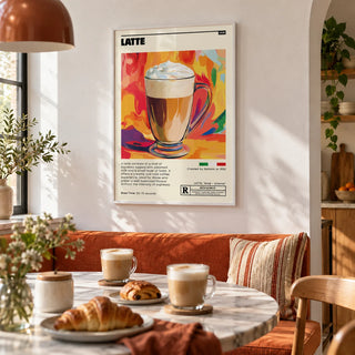 Coffee Artwork Prints, framed on the wall of a breakfast nook with a white wall in a kitchen