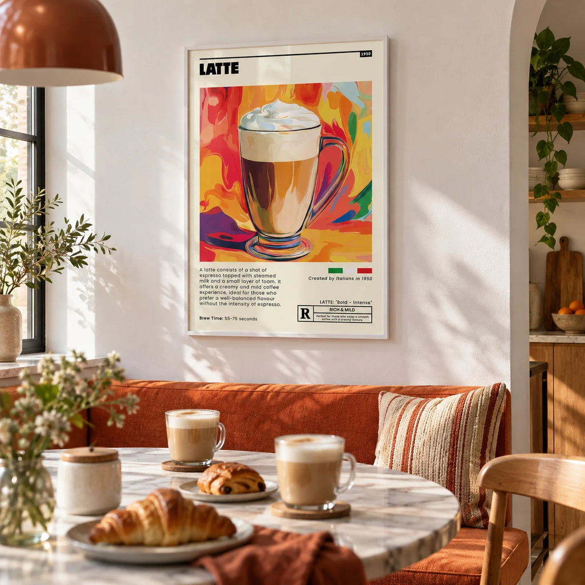Coffee Artwork Prints, framed on the wall of a breakfast nook with a white wall in a kitchen