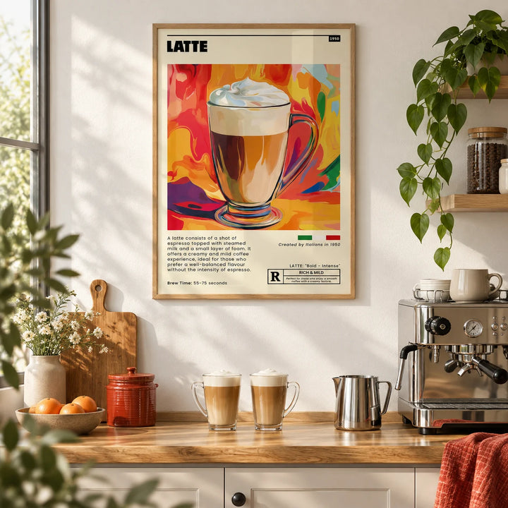 Coffee Artwork Prints, framed on the wall of a bright kitchen coffee corner with a white wall