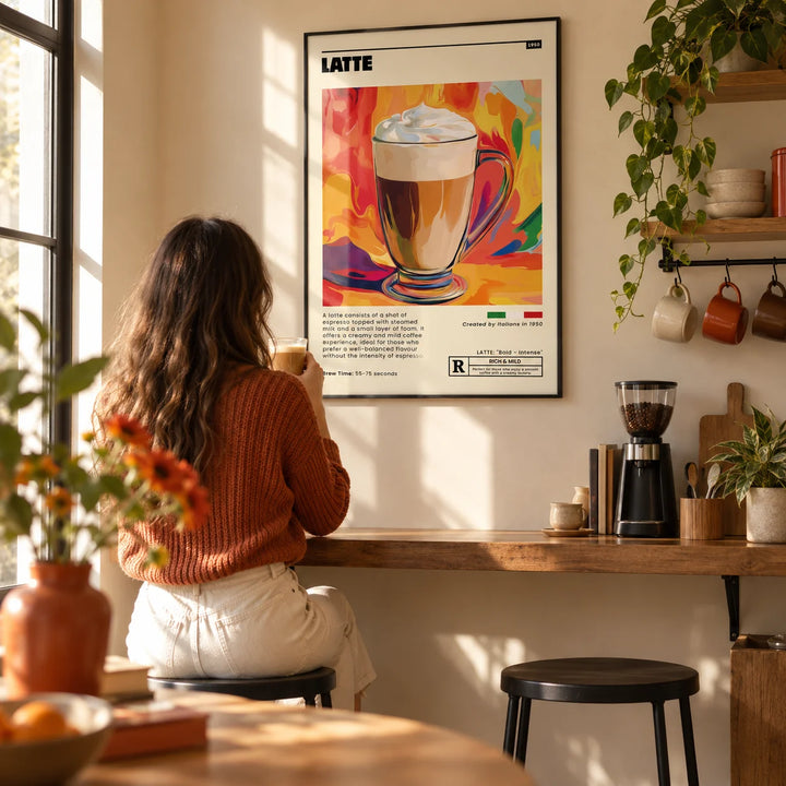 Coffee Artwork Prints, framed on the wall of a home café corner with a warm cream wall in a kitchen