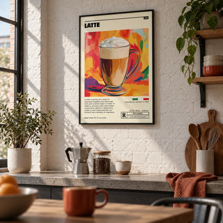 Coffee Artwork Prints, framed on the wall of an industrial-style kitchen with a white brick wall