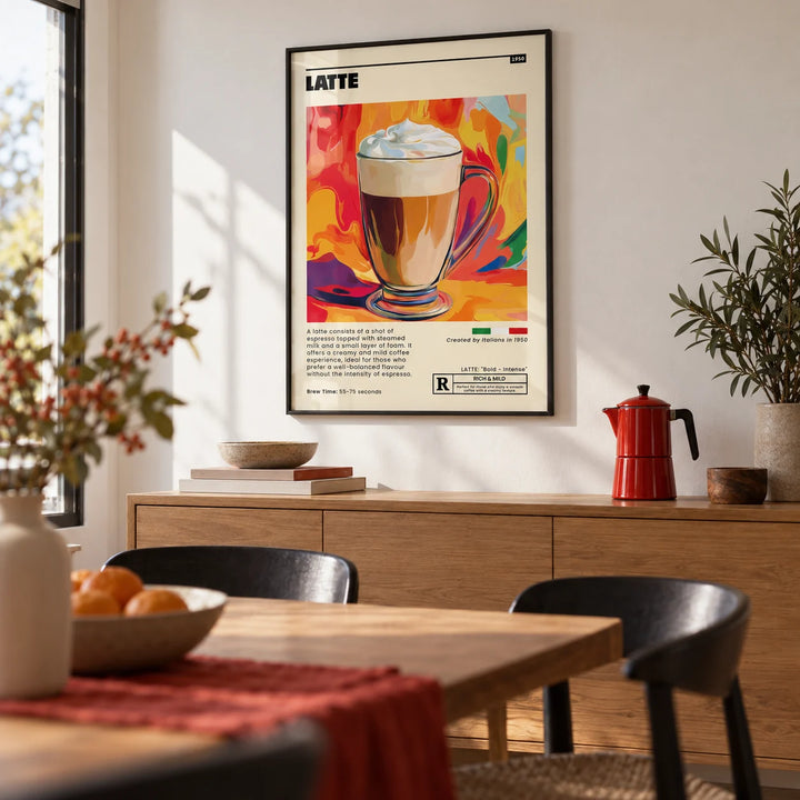 Coffee Artwork Prints, framed on the wall of a modern dining room with a soft white wall