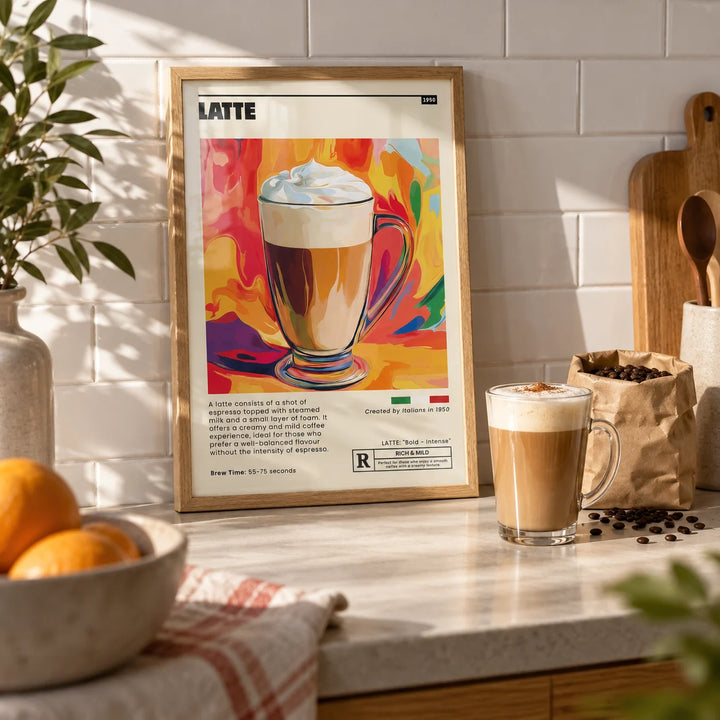 Coffee Artwork Prints, a small A4 framed print leaning on a worktop in a kitchen