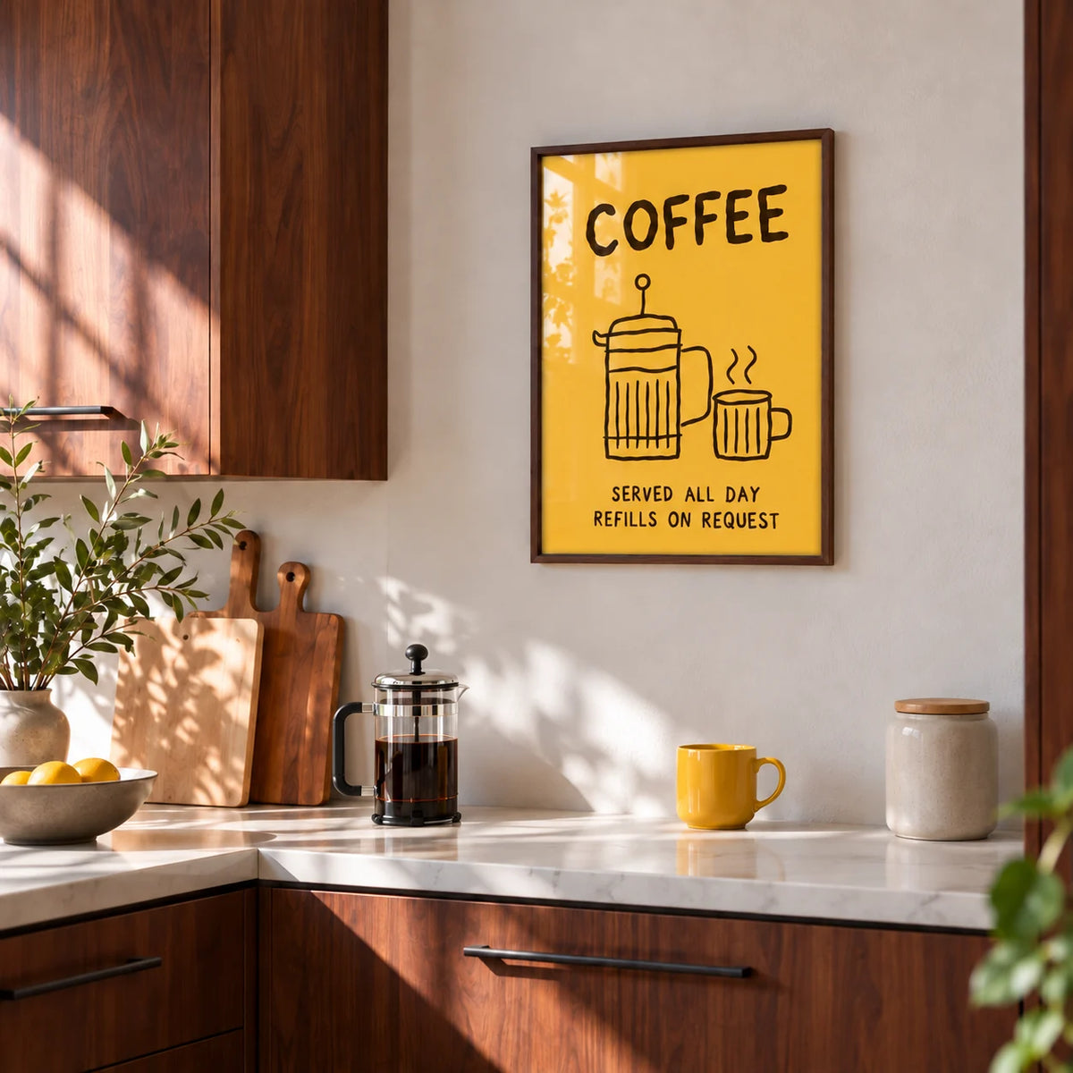Coffee Bar Wall Art, framed on the wall of a kitchen with dark timber cabinets
