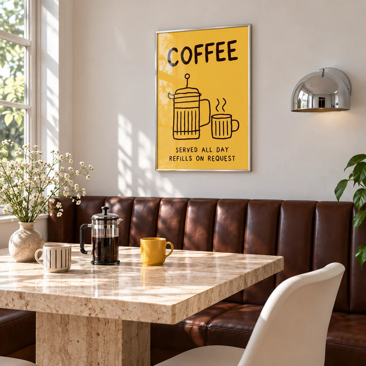 Coffee Bar Wall Art, framed on the wall above a leather dining banquette