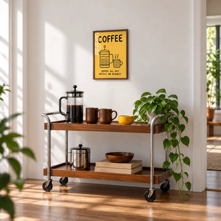 Coffee Bar Wall Art, framed on the wall above a home coffee trolley with a cafetiere