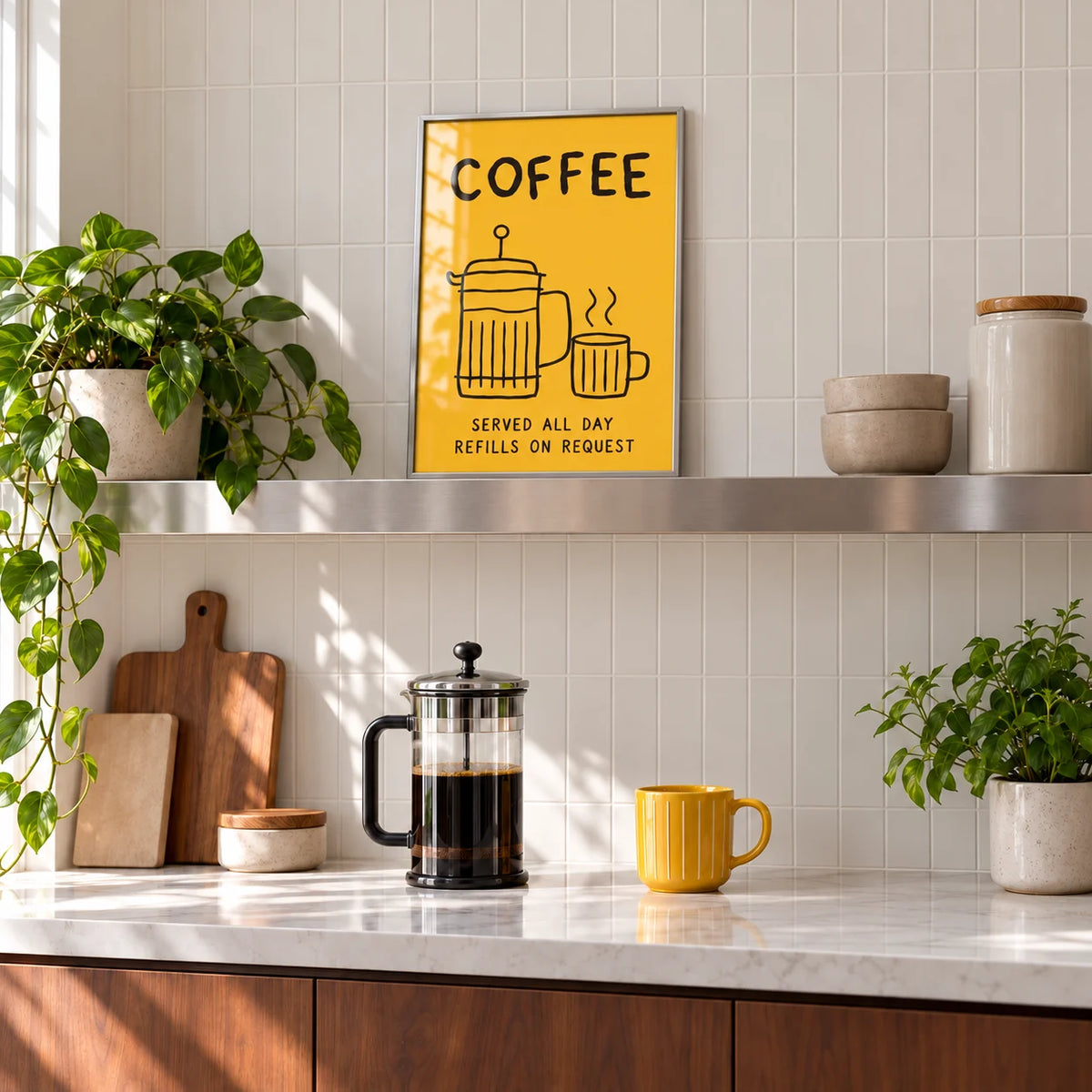 Coffee Bar Wall Art, framed and leaning on a steel shelf above a kitchen coffee station