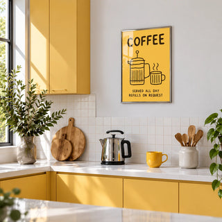 Coffee Bar Wall Art, framed on the wall of a modern kitchen with yellow cabinets