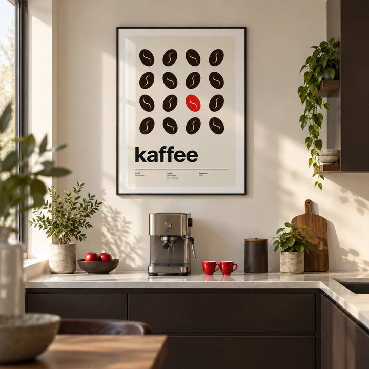 Coffee Bean Print, framed on the wall of a modern kitchen in a UK city flat with ivory walls