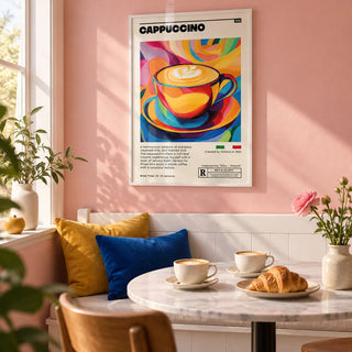 Coffee Cup Wall Art, framed on the wall of a bright breakfast corner with a solid soft pink painted wall in a kitchen