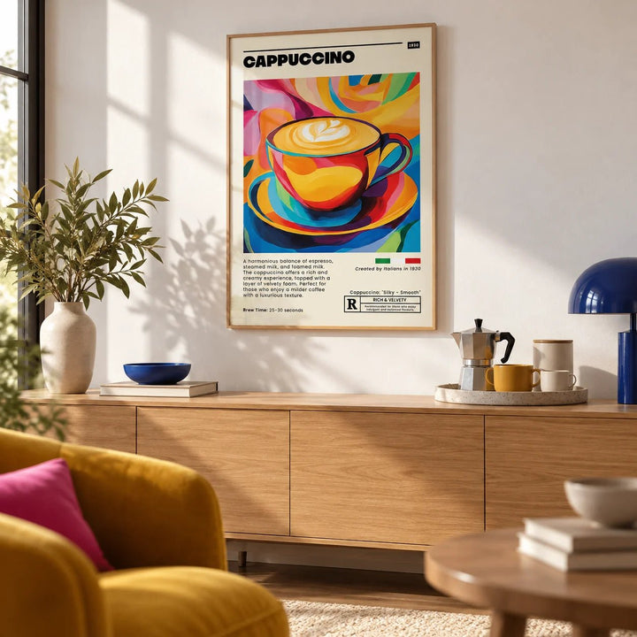 Coffee Cup Wall Art, framed on the wall of a design-led living room
