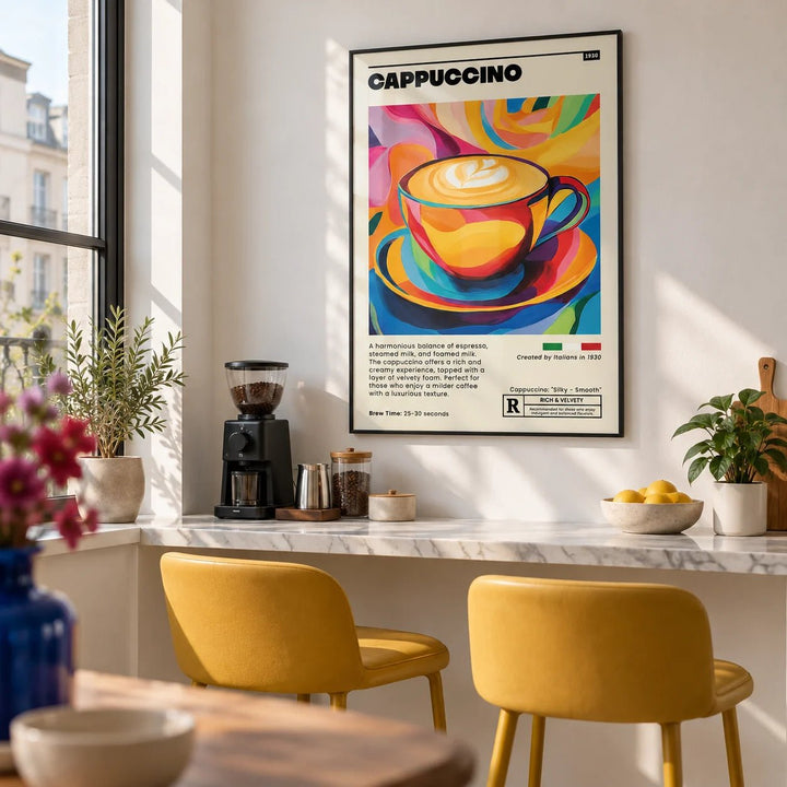 Coffee Cup Wall Art, framed on the wall of a home cafe bar in a city flat in a kitchen