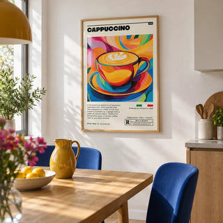 Coffee Cup Wall Art, framed on the wall of a modern kitchen-diner