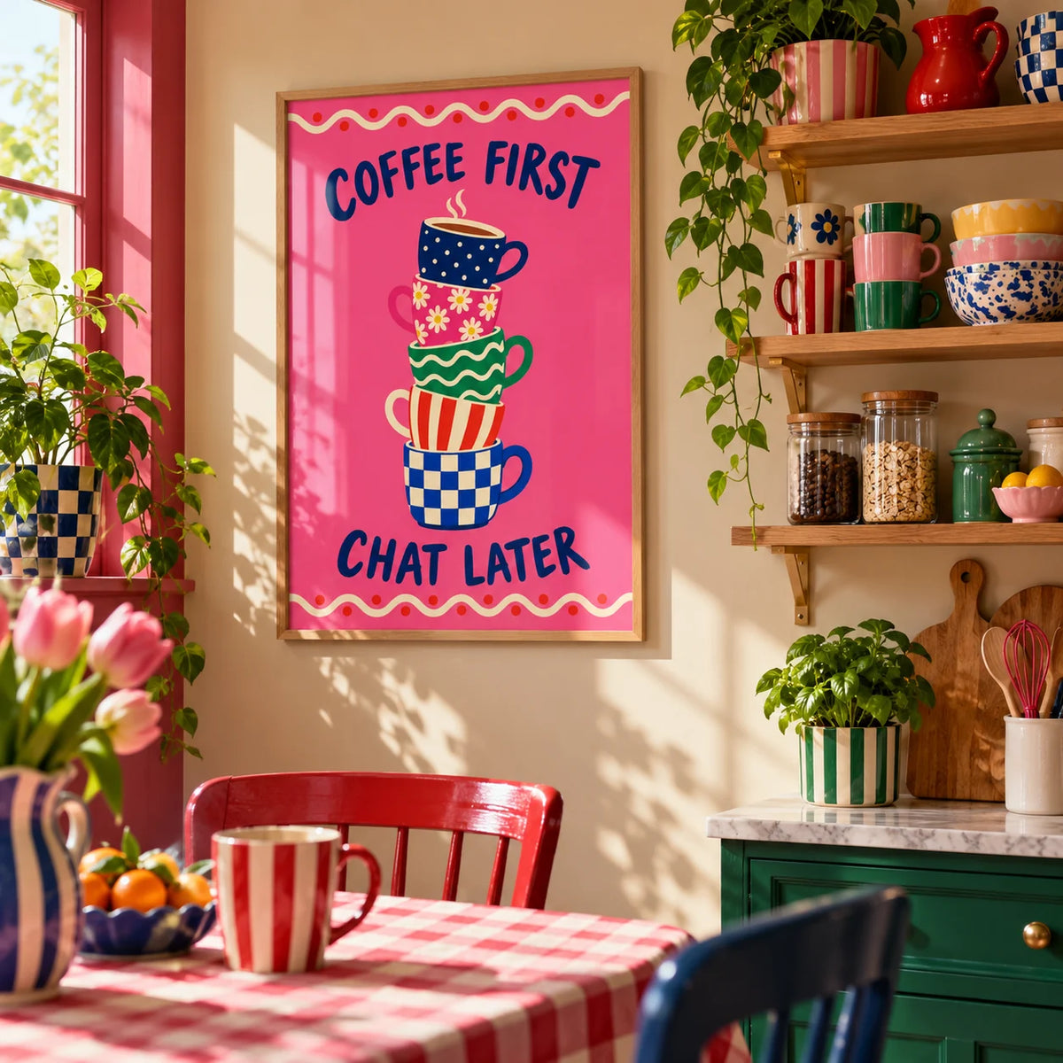 Coffee First Print, framed on the wall of a fun kitchen corner