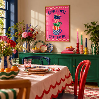 Coffee First Print, framed on the wall of a maximalist dining room