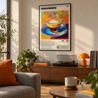 Coffee Poster, framed on the wall of a first-flat living room
