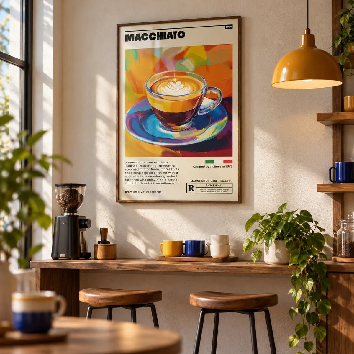 Coffee Poster, framed on the wall of a home café corner in a kitchen