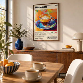 Coffee Poster, framed on the wall of a modern dining room
