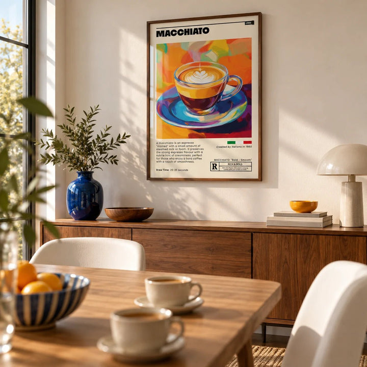 Coffee Poster, framed on the wall of a modern dining room