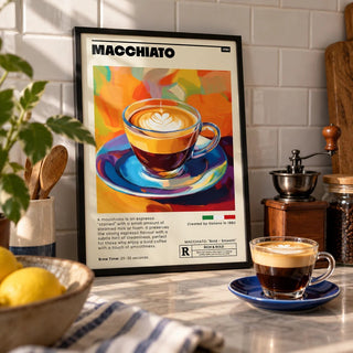 Coffee Poster, a small A4 framed print leaning on a worktop in a kitchen