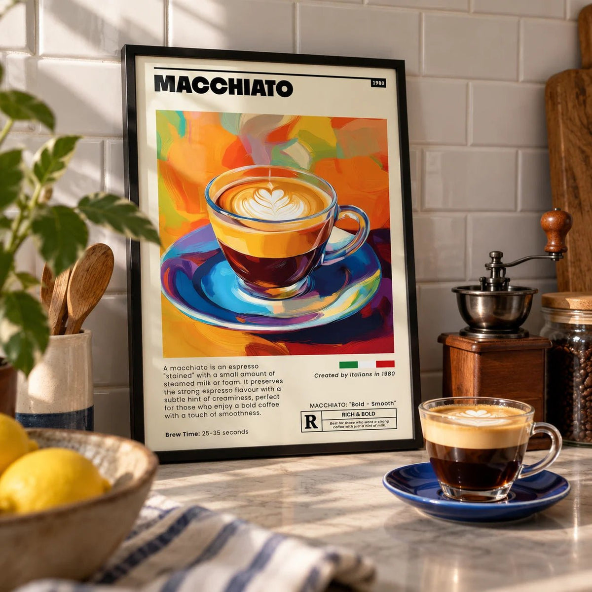 Coffee Poster, a small A4 framed print leaning on a worktop in a kitchen