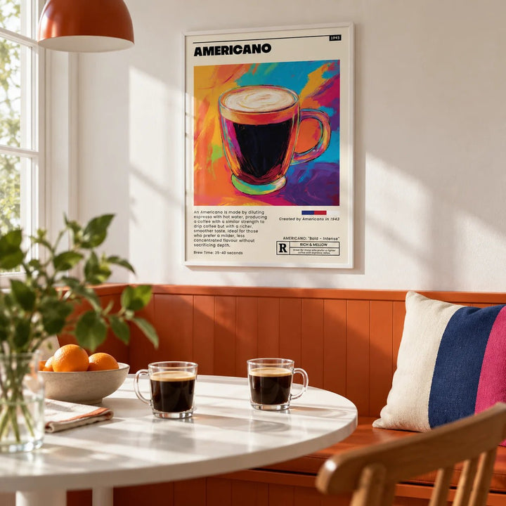 Coffee Print for Kitchen, framed on the wall of a bright breakfast nook with a solid burnt orange painted bench
