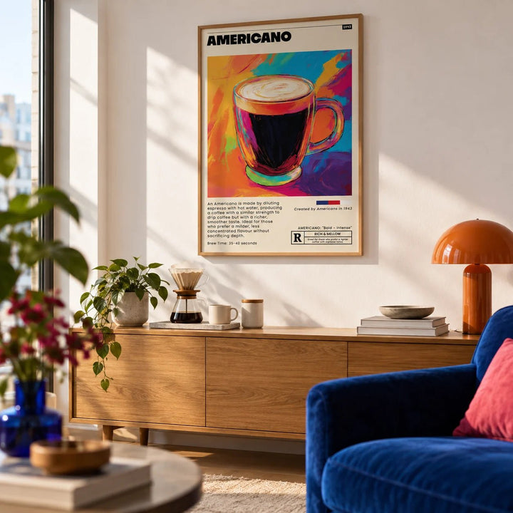 Coffee Print for Kitchen, framed on the wall of a design-led city flat living room