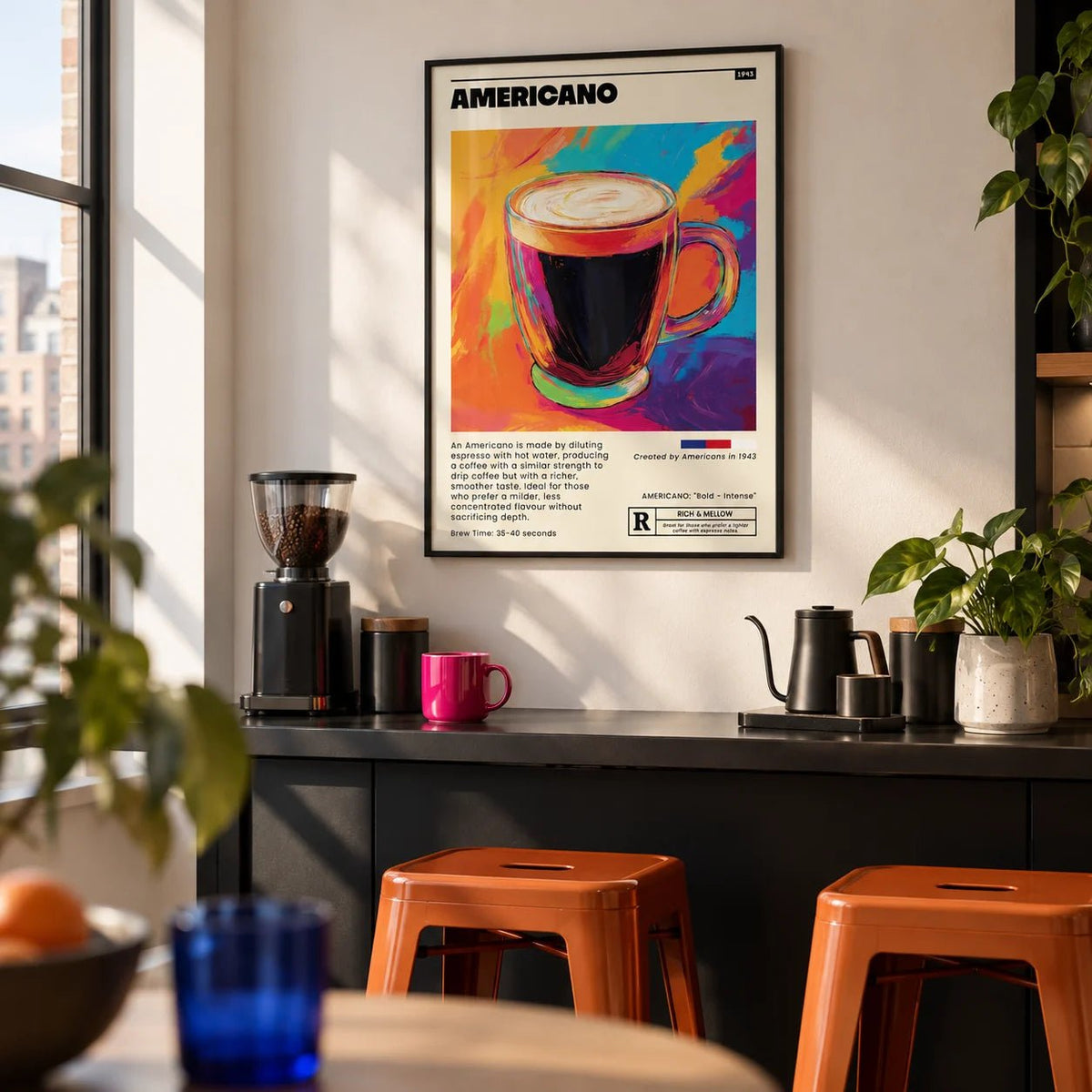 Coffee Print for Kitchen, framed on the wall of a home cafe bar in a city flat