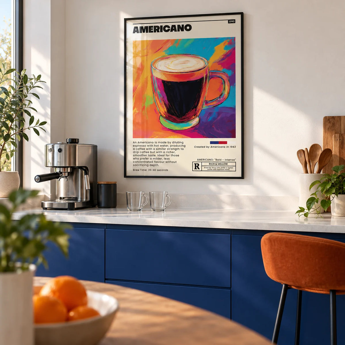 Coffee Print for Kitchen, framed on the wall of a modern cafe-style kitchen with solid cobalt blue cabinets and a white quartz worktop