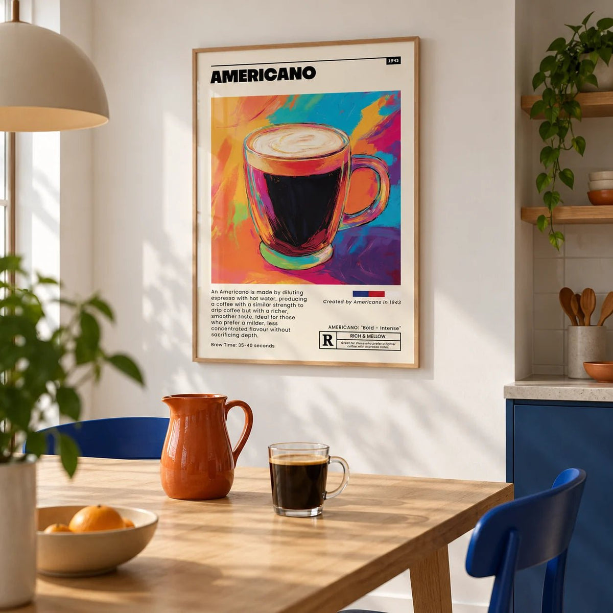 Coffee Print for Kitchen, framed on the wall of a modern kitchen-diner