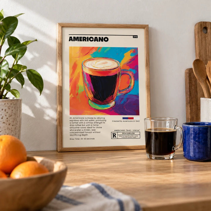 Coffee Print for Kitchen, a small A4 framed print leaning on a pale oak kitchen worktop