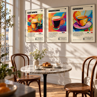 Coffee Prints Set of 3 styled above a marble bistro table in a sunny Parisian kitchen: Flat White Cafe Art, Americano Cafe Art and Espresso Cafe Art shown framed side by side (frames not included)