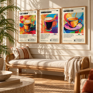 Coffee Prints Set of 3 styled on a rattan bench with palm-leaf shadows: Flat White Cafe Art, Americano Cafe Art and Espresso Cafe Art shown framed side by side (frames not included)